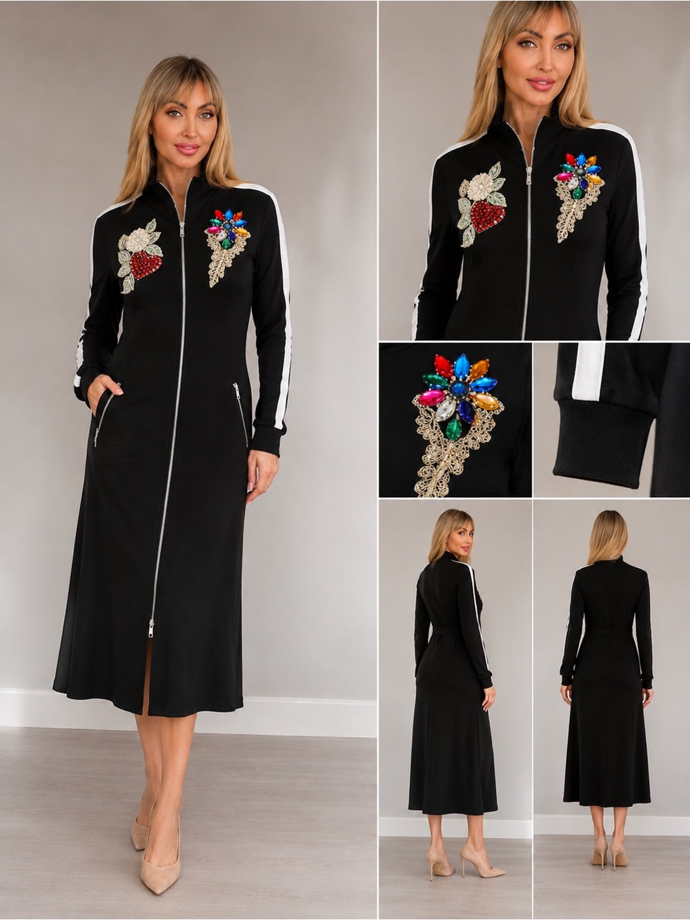 Embellished Black Zip-Front Long Dress with Striped Sleeves